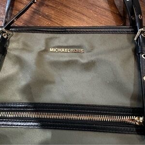 Michael Kors Leila Olive and Black Large Nylon Tote with Gold Accents